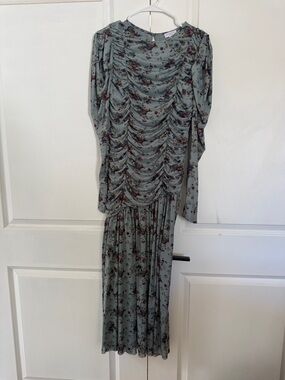 Current Air Sage Green Floral Ruched Long-Sleeve Midi Dress